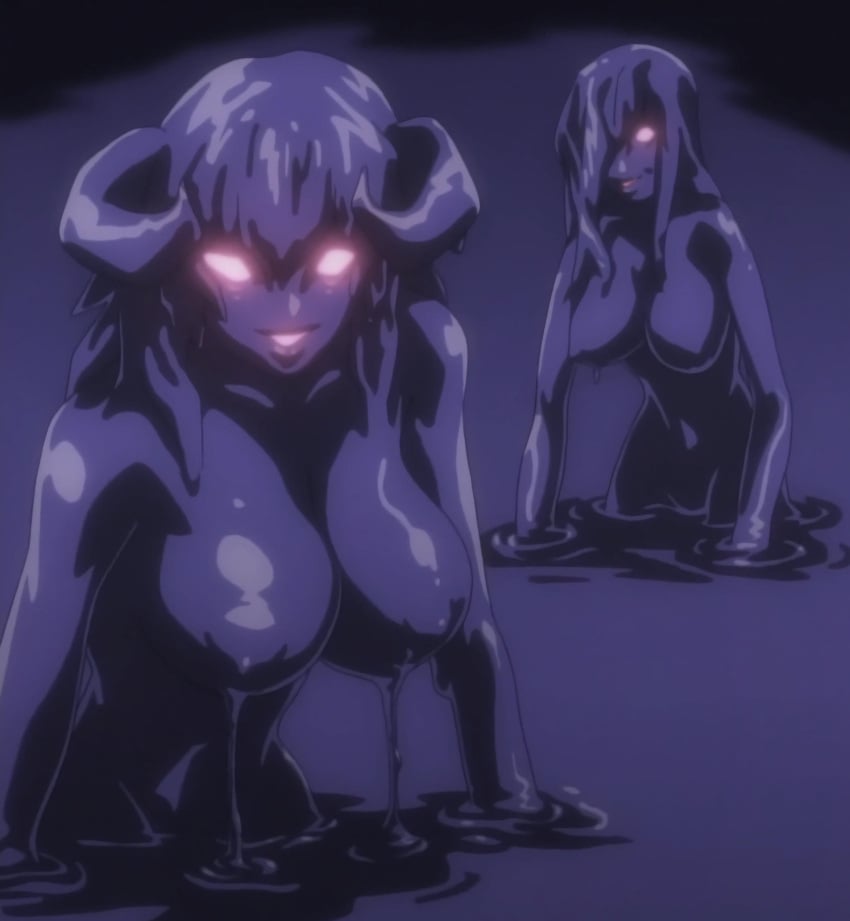 2girls angel_blade angel_blade_punish anime_screencap areolae breasts colonel_elaine dripping general_chloe glowing_eyes horns large_breasts milf monster_girl multiple_girls nipples ova screencap screenshot