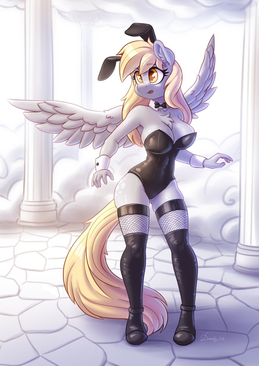 2023 absurd_res anthro anthrofied black_clothing black_leotard blonde_hair boots bow_(feature) bow_in_front bow_tie breasts bunny_costume chest_tuft clothing costume cuffs_(clothing) cutie_mark dandy_(artist) derpy_hooves equid equine eyebrow_through_hair eyebrows eyelashes fake_ears fake_rabbit_ears feathered_wings feathers female footwear friendship_is_magic glistening grey_body grey_feathers hair hasbro hi_res inner_ear_fluff legwear leotard long_hair mammal my_little_pony open_mouth pegasus solo tail thigh_boots thigh_highs translucent translucent_hair tuft unguligrade_anthro wings yellow_eyes yellow_tail