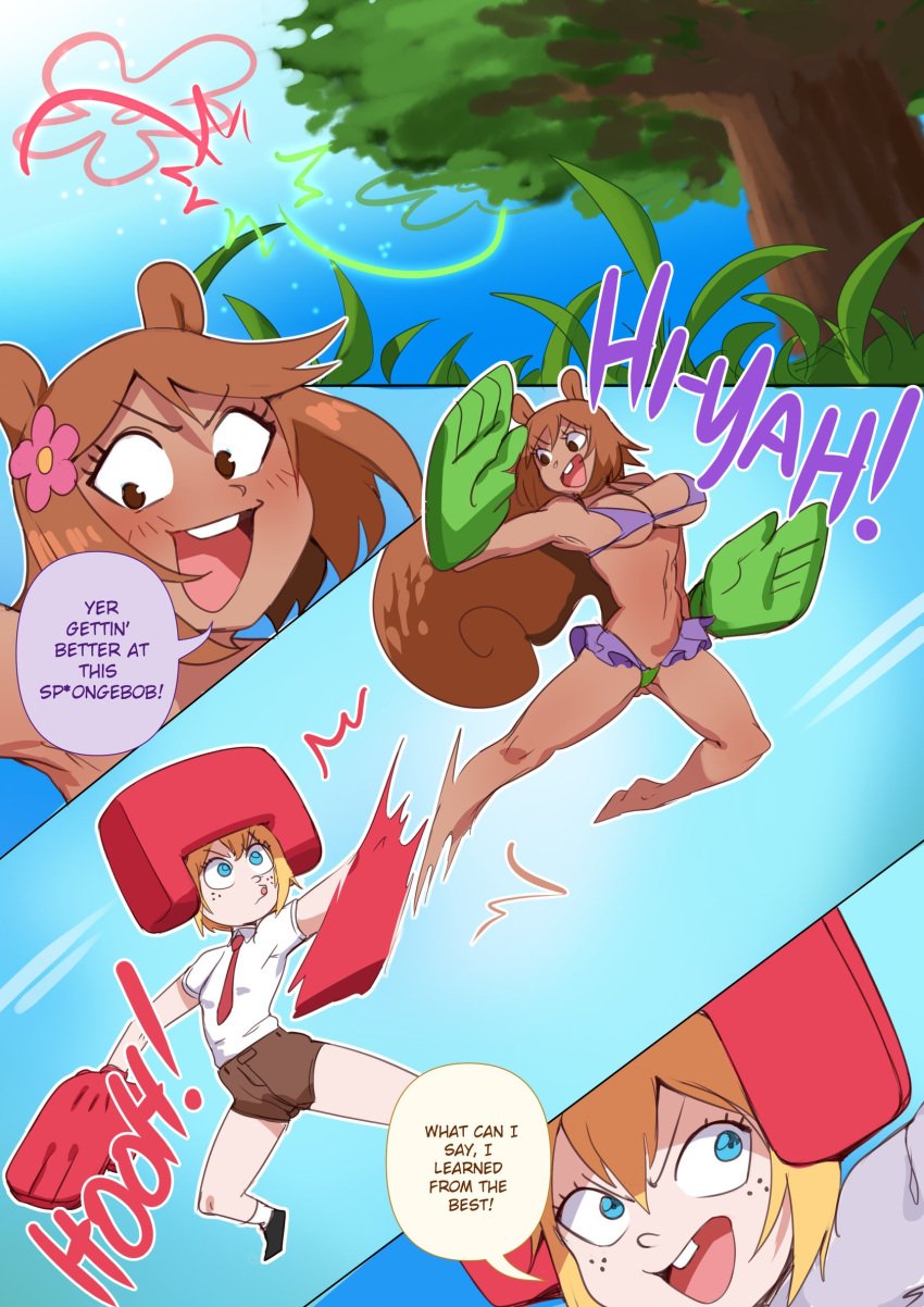 1boy 1boy1girl animal_ears animal_tail bikini blonde_hair breasts brown_hair comic dialogue english_text female fighting huge_breasts human humanized humanoid karate large_breasts lightsource sandy_cheeks spongebob_squarepants spongebob_squarepants_(character) squirrel_girl squirrel_tail straight tagme