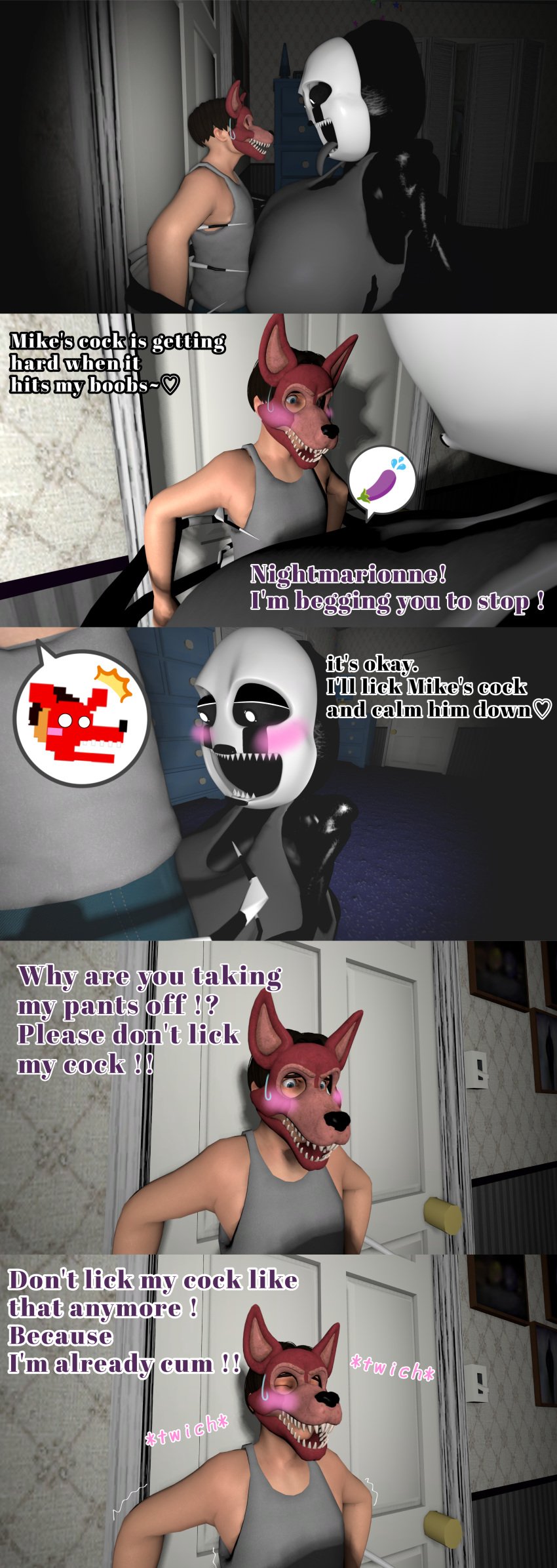 3d big_boobs blowjob breasts eggplant_emoji female female/male female_on_male five_nights_at_freddy's five_nights_at_freddy's_4 fox_mask male marimike marionette_(fnaf) michael_afton nightmarionne puppet_(fnaf) teen_boy teenager text yuuki_momofox