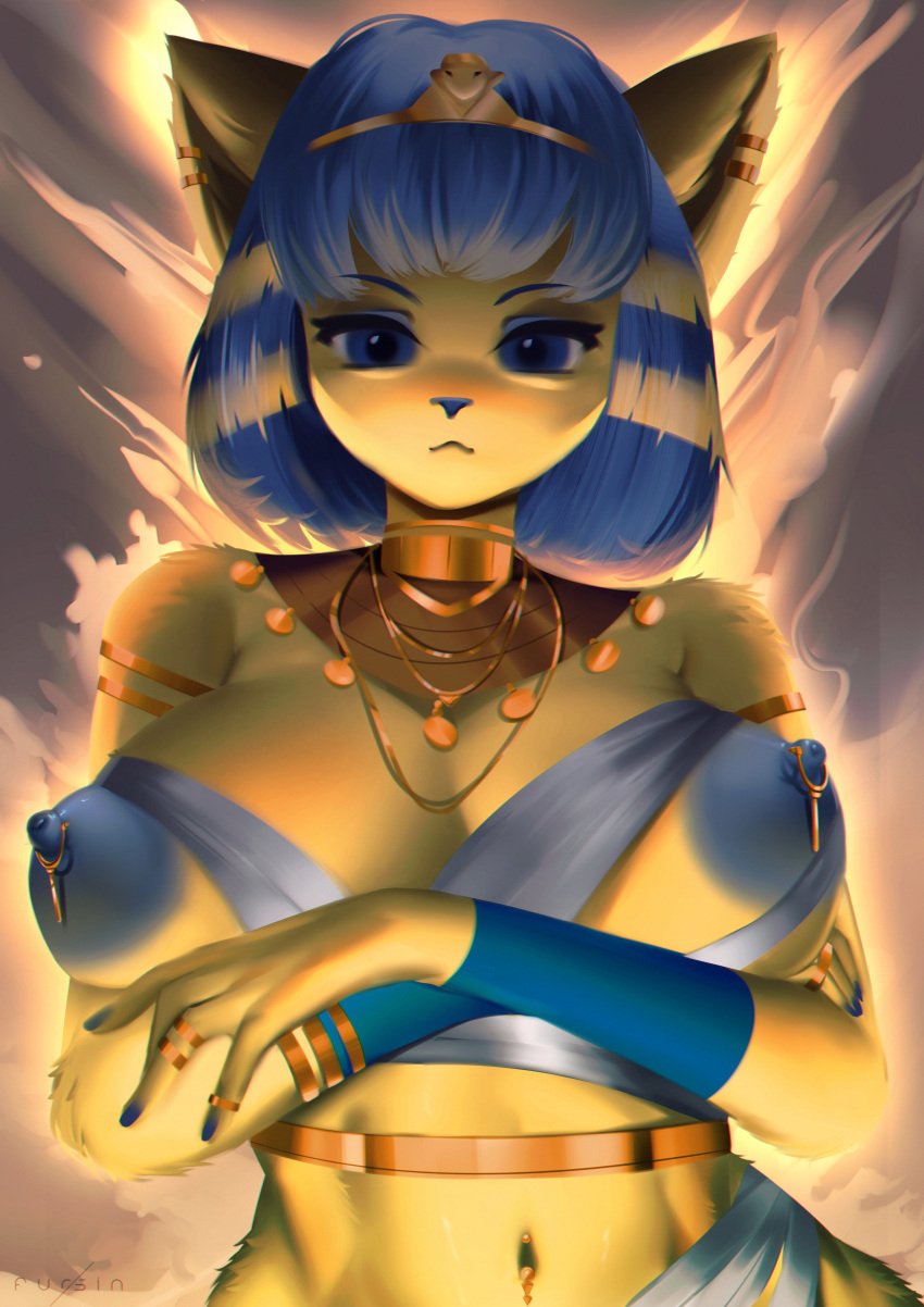 2022 absurd_res animal_crossing ankha ankha_(animal_crossing) anthro areola big_areola big_nipples blue_eyes blue_nipples blue_nose breasts digital_media_(artwork) domestic_cat ear_piercing ear_ring eyebrows felid feline felis female fingers front_view fursin hair hi_res looking_at_viewer mammal navel navel_pendant navel_piercing nintendo nipple_piercing nipples piercing ring_piercing solo