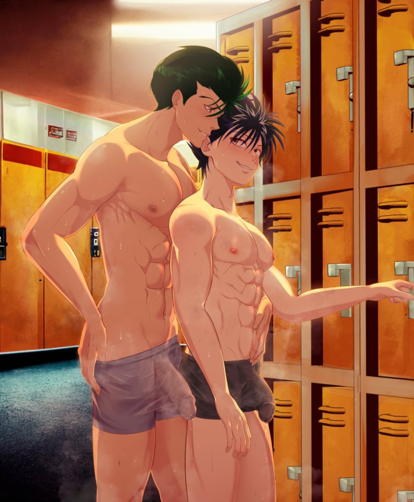 2boys big_penis black_hair bulge bulge_through_clothing gay green_hair hiei kiskins locker_room looking_at_another male male_only muscle_worship muscles muscular muscular_male nipples penis precum precum_drip size_difference smile smiling smirk smirking sweat sweatdrop sweating sweaty sweaty_body teenager touching_thigh yaoi yu_yu_hakusho yusuke_urameshi