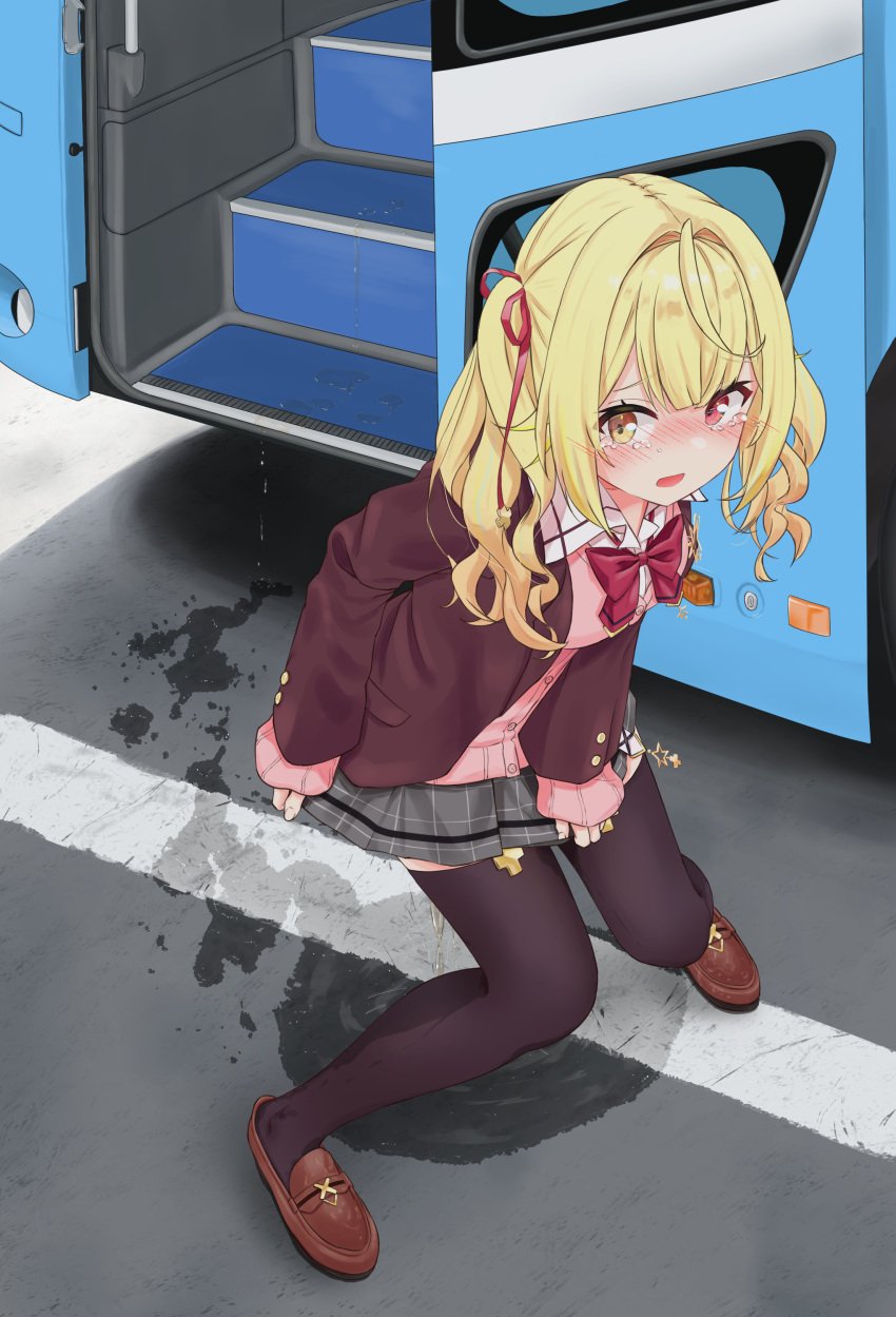 2023 absurdres black_socks black_thighhighs blonde_hair blush bow bowtie breasts brown_footwear brown_jacket brown_loafers bus commentary_request commission cowlick female full_body grey_skirt hair_ribbon heterochromia highres hoshikawa_sara hoshikawa_sara_(4th_costume) jacket knees_together_feet_apart layered_sleeves loafers long_sleeves looking_at_viewer medium_hair miniskirt motor_vehicle nijisanji nose_blush open_mouth outdoors peeing peeing_self pink_shirt plaid plaid_skirt pleated_skirt red_bow red_bowtie red_eyes red_ribbon ribbon school_uniform shirt shoes skeb_commission skirt sleeves_past_wrists small_breasts socks solo standing tearing_up tears thigh_socks thighhighs twintails urabe_miyabi urine virtual_youtuber yellow_eyes