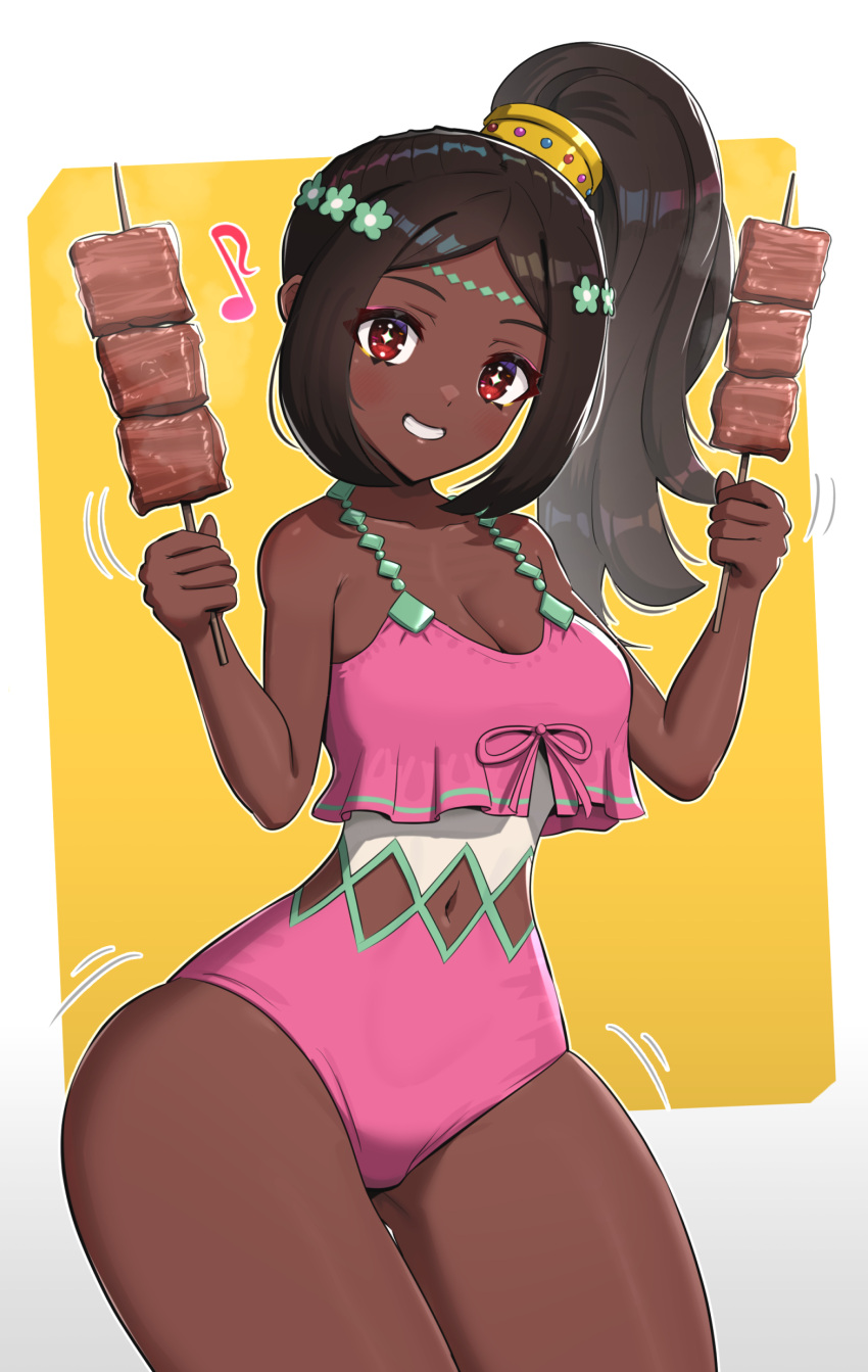 1girls absurdres alternate_costume breasts cleavage dark-skinned_female dark_skin female female_only fire_emblem fire_emblem_engage flower food gonzarez grin hair_flower hair_ornament highres holding holding_food holding_skewer long_hair looking_at_viewer meat navel nintendo official_alternate_costume one-piece_swimsuit pink_one-piece_swimsuit pink_swimsuit ponytail red_eyes simple_background skewer smile solo swimsuit thick_thighs thighs timerra_(fire_emblem)