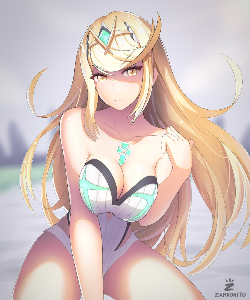 blonde_hair breasts core_crystal female female_only looking_at_viewer mythra nintendo solo tagme xenoblade_(series) xenoblade_chronicles_2 zambonito