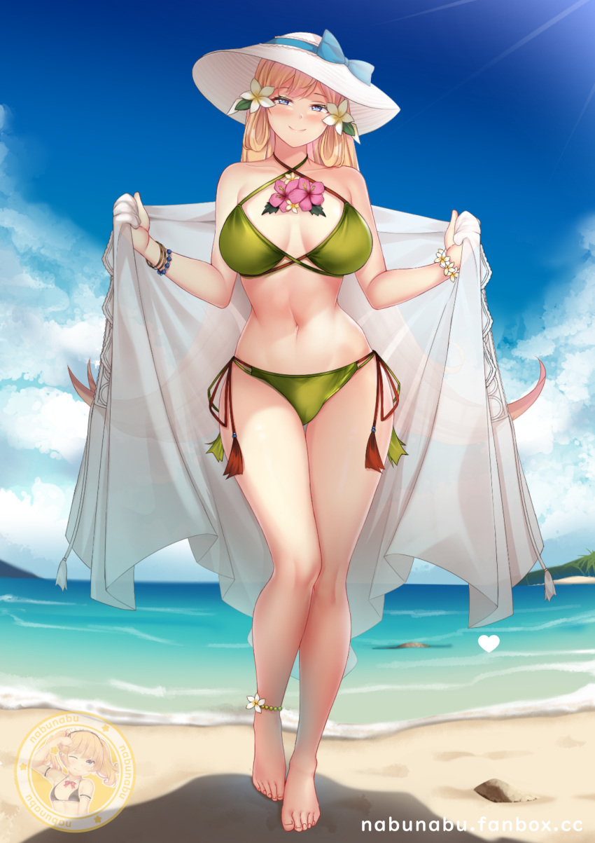 1girls alternate_costume bare_legs bare_midriff barefoot beach bikini blonde_hair blue_eyes breasts female female_only fire_emblem fire_emblem_heroes green_bikini green_swimsuit half-closed_eyes hat holding large_breasts legs long_hair looking_at_viewer midriff nabunabu nintendo ocean official_alternate_costume partially_visible_vulva sand see-through smile solo sun_hat swimsuit veil very_long_hair water ymir_(fire_emblem_heroes) ymir_(summer)_(fire_emblem_heroes)