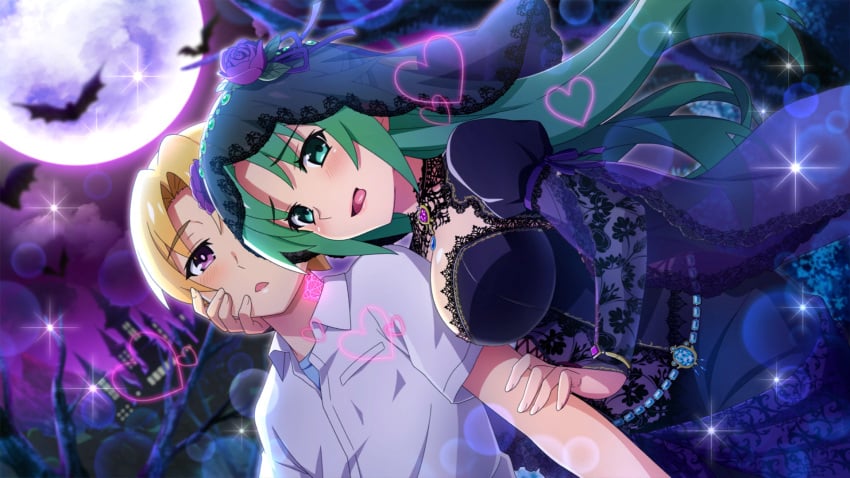 07th_expansion 1boy 1boy1girl 1girls arm_between_breasts bat_(animal) between_breasts black_dress black_veil blonde_hair blush branded branding_mark breasts castle cleavage dress flower full_moon game_cg green_eyes green_hair hand_on_another's_cheek hand_on_another's_face higurashi_no_naku_koro_ni higurashi_no_naku_koro_ni_mei houjou_satoshi lace-trimmed_veil lace_trim large_breasts long_hair looking_at_viewer moon neck_tattoo night official_art open_mouth puffy_sleeves purple_eyes purple_flower purple_rose rose shion_sonozaki shirt short_hair short_sleeves tagme tattoo tongue tongue_out veil white_shirt witch