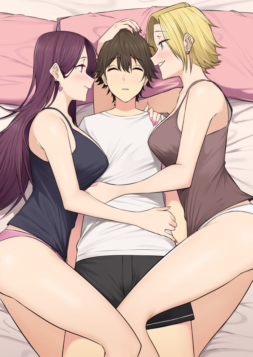 1boy 2022 2girls ass bedroom bedroom_eyes bigger_female bird's-eye_view blush boxers caress cuddling earrings eyebrows_visible_through_hair eyes_visible_through_hair female girl_sandwich glistening glistening_body gyaru hamazaki_reina hand_on_head hand_on_hip hand_on_shoulder imaizumi_(imaizumin-chi) imaizumin-chi_wa_douyara_gal_no_tamariba_ni_natteru_rashii laying_on_bed long_hair looking_at_partner male multiple_girls nail_polish nori5rou pajamas panties pillow sasaki_yukina shirt short_hair sleeping tagme tank_top teeth thighs trio trio_focus