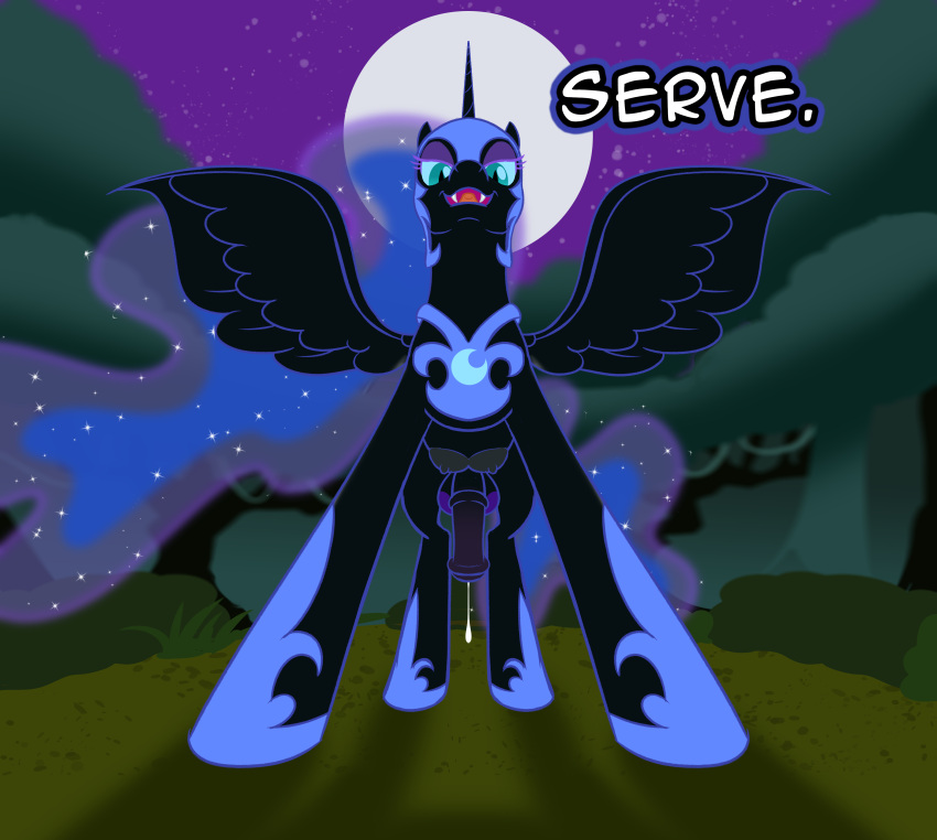 absurd_res alicorn animal_genitalia animal_penis balls big_penis black_body black_fur blue_eyes blue_sclera bodily_fluids crotchboobs equid equine equine_genitalia equine_penis eyeshadow feral friendship_is_magic ftg_crossgender fti_crossgender full_moon fur genital_fluids genitals gynomorph hasbro hi_res horn intersex looking_at_viewer low-angle_view makeup mammal medial_ring moon my_little_pony night nightmare_moon_(mlp) penis precum princess_luna_(mlp) pupils purple_eyeshadow quadruped rule_63 slit_pupils star trash_anon wings