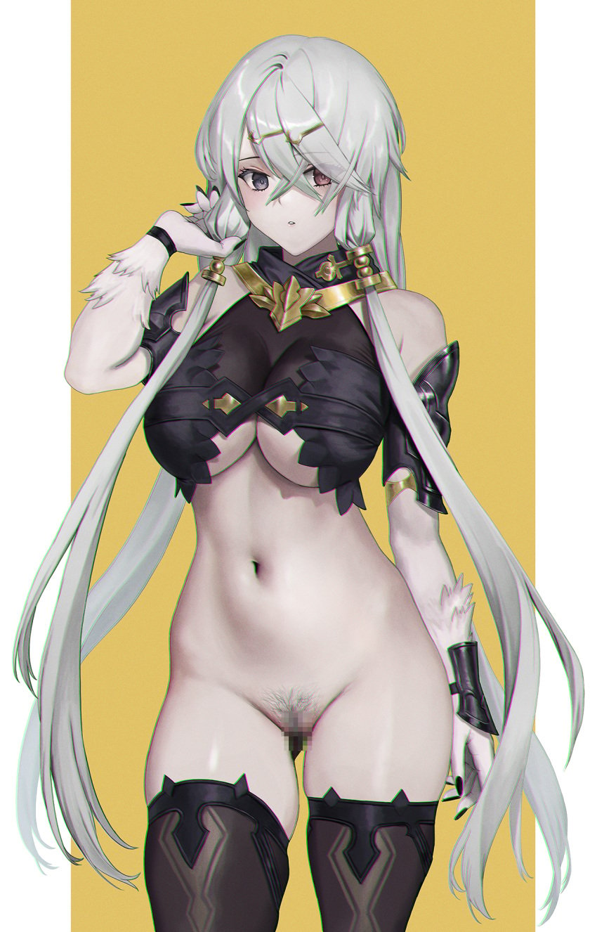 1girls adjusting_hair armor ass_visible_through_thighs atelier_(series) atelier_ryza atelier_ryza_1 bare_shoulders black_armor black_nails black_thighhighs blue_eyes body_fur border bottomless breasts censored crossed_bangs female female_pubic_hair fingernails grey_hair hair_between_eyes hair_ornament hairclip heterochromia highres jeneral large_breasts lila_decyrus long_hair looking_at_viewer low_twintails mixed-language_commentary mosaic_censoring navel pale_skin pubic_hair pussy red_eyes sharp_fingernails simple_background skindentation solo thighhighs twintails underboob very_long_hair white_border