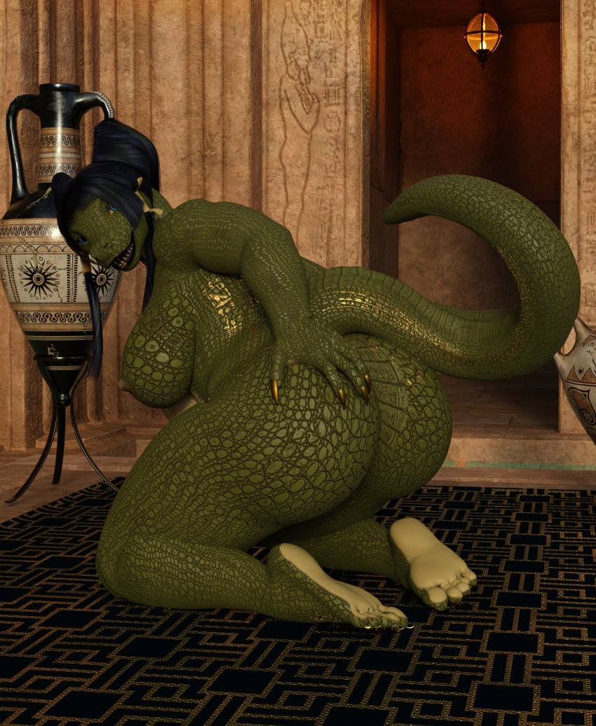 absurd_res anthro ass bbdworks big_butt colored_nails crocodilian daz3d feet female gold_tattoo hi_res lamp lipstick makeup nails overweight reptile scalie solo vase