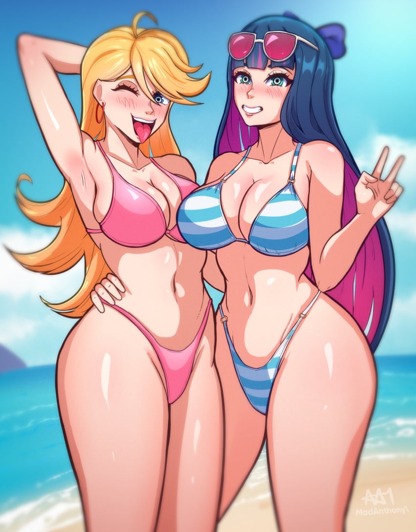 2girls armpits beach big_breasts bikini blonde_hair blue_eyes breasts earrings madanthony1 multiple_girls panties panty_&_stocking_with_garterbelt panty_anarchy peace_sign purple_hair stocking_anarchy sunglasses_on_head