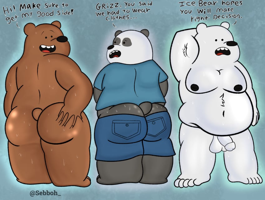 anthro ass balls bear bodily_fluids cartoon_network dialogue embarrassed genitals grizzly_(wbb) group happy hi_res ice_bear male male/male mammal moobs nipples panda_(wbb) penis sebboh sweat sweatdrop sweaty_butt trio we_bare_bears