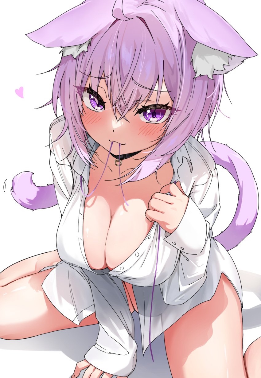 animal_ear_fluff animal_ears blush breasts cat_ears cat_girl cat_tail cleavage collarbone commentary_request eru_(l_illust45) female hair_between_eyes heart highres hololive hololive_gamers hololive_japan large_breasts looking_at_viewer naked_shirt nekomata_okayu nekomata_okayu_(4th_costume) purple_eyes purple_hair shirt simple_background solo tail virtual_youtuber white_background white_shirt