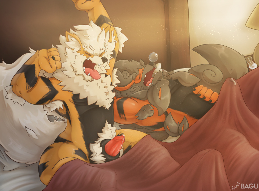 animal_genitalia anthro arcanine armpit_hair bagu bed body_hair closed_eyes duo erection fur furniture generation_1_pokemon genitals hi_res hisuian_arcanine hisuian_form male male/male male_only nintendo on_bed open_mouth orange_body orange_fur pokemon pokemon_(species) pokephilia regional_form_(pokemon) sheath sleeping waking_up yellow_body yellow_fur