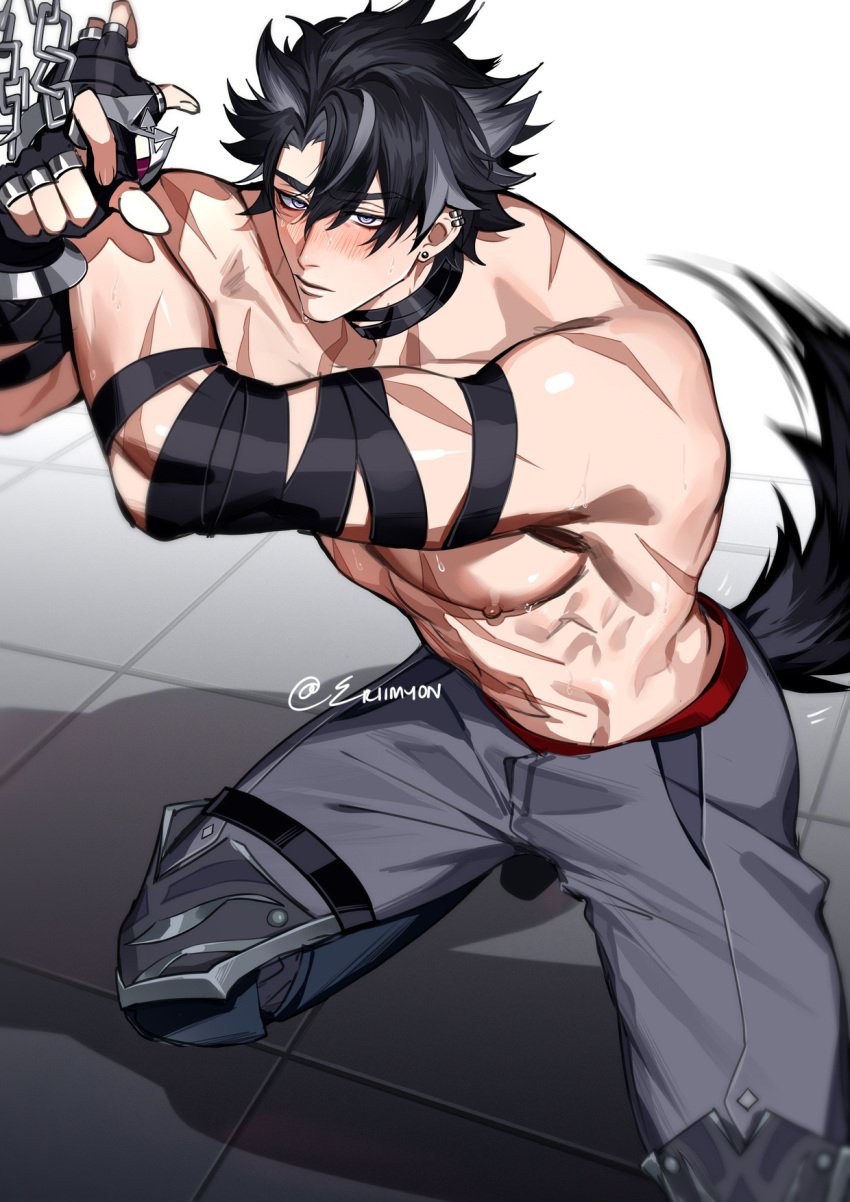 abs blush chained_up dog_boy dog_tail eriimyon genshin_impact kneeling male_only muscles piercing scar solo_focus wagging_tail wriothesley_(genshin_impact)