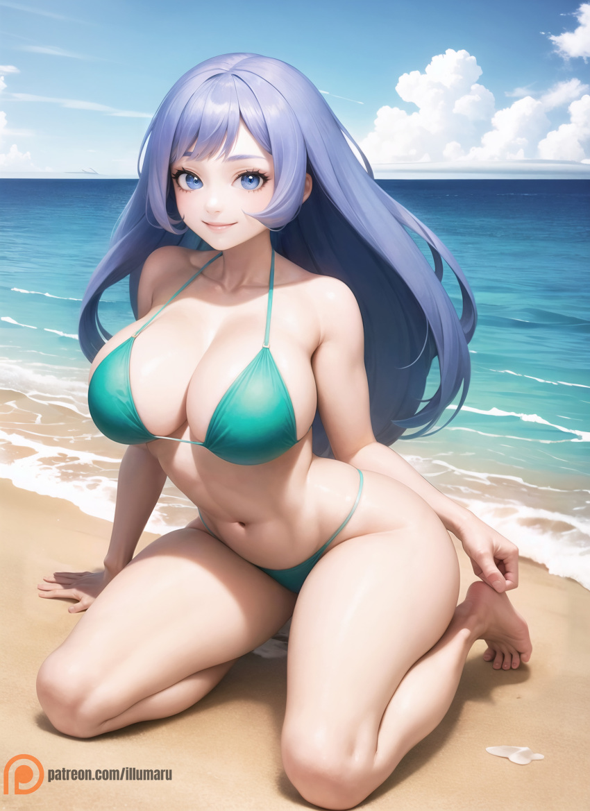 1girls 2023 ai_generated beach big_breasts bikini blue_bikini blue_eyes blue_hair breasts cameltoe curvy detailed feet female hadou_nejire hi_res huge_breasts illumaru kneeling long_hair looking_at_viewer my_hero_academia navel nejire_hado ocean on_sand sea seductive seductive_smile sky smile solo solo_focus stable_diffusion thick thick_thighs voluptuous