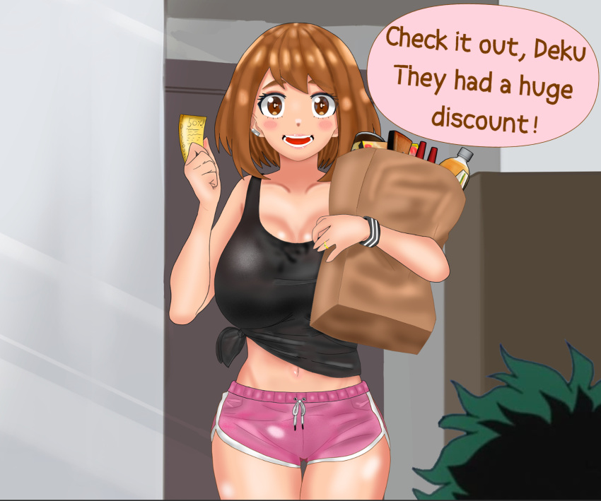 1boy 1girls alternate_breast_size black_shirt black_tank_top black_wristband blush blush_stickers boku_no_hero_academia brown_eyes brown_hair coupon cute dating deku dolphin_shorts ear_cuff eddarxart english_text groceries grocery_bag happy holding holding_bag holding_object house housewife husband_and_wife izuku_midoriya large_breasts marriage_ring midoriya_izuku my_hero_academia navel ochako_uraraka open_mouth pink_shorts ring shopping_bag sidelocks speech_bubble sweat sweating tank_top thighs tied_shirt uraraka_ochako wedding_band wedding_ring wristband