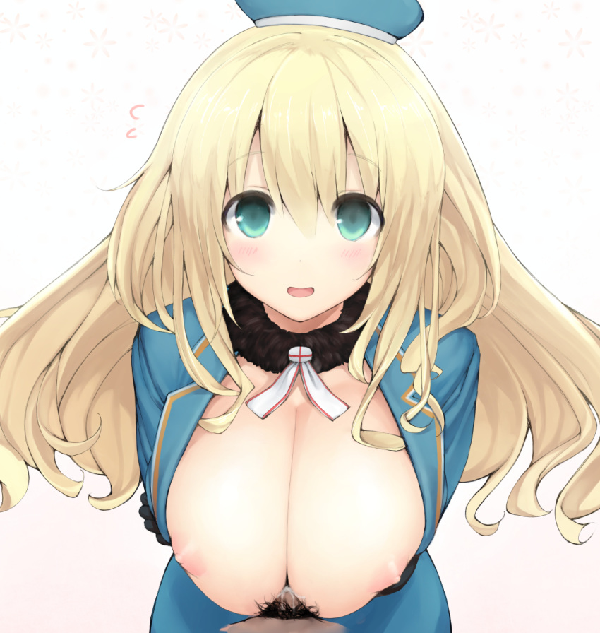 aqua_eyes atago_(kantai_collection) blonde_hair blush breasts female hat huge_breasts k_g kantai_collection long_hair male male_pubic_hair military military_uniform nipples open_clothes open_shirt paizuri penis pubic_hair smile straight uniform