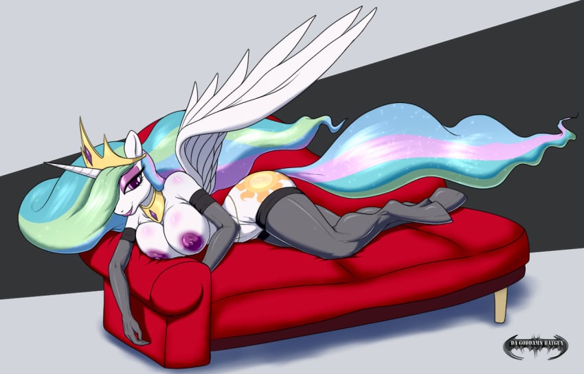 alicorn anthro breasts da_goddamn_batguy equine female friendship_is_magic hair horn horse lipstick makeup my_little_pony pony princess_celestia_(mlp) socks solo wings