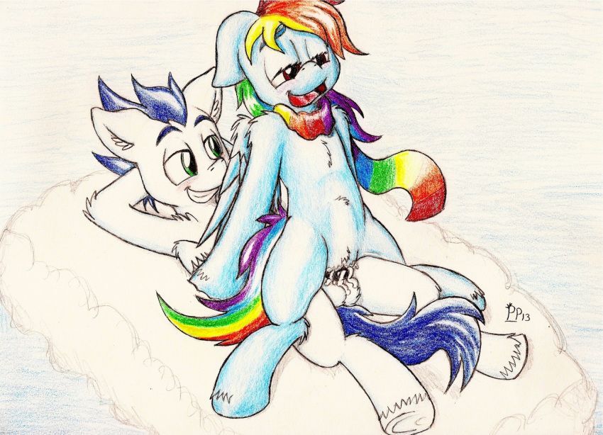 2013 blue_fur blue_hair cum cum_in_pussy cum_inside duo equine female feral friendship_is_magic green_eyes hair horse multicolored_hair my_little_pony pegasus pony punk-pegasus purple_eyes pussy rainbow_dash_(mlp) rainbow_hair reverse_cowgirl_position scarf soarin_(mlp) traditional_media wings wonderbolts_(mlp)