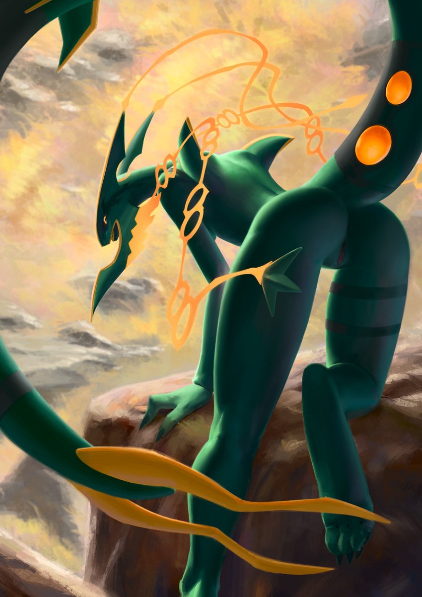 1girls 2017 4_toes all_fours anthro anus ass back breasts claws dragon eosphorite fangs feet female female_only green_scales green_skin hi_res legendary_pokémon long_legs long_neck looking_at_viewer looking_back mega_evolution mega_rayquaza nintendo nude open_mouth orange_skin outdoors pokémon_(species) pokemon pokemon_oras pokemon_rse pokemorph presenting presenting_hindquarters pussy rayquaza rear_view rock scales scalie soles solo sunset tail teeth thigh_gap toes underboob video_games yellow_eyes