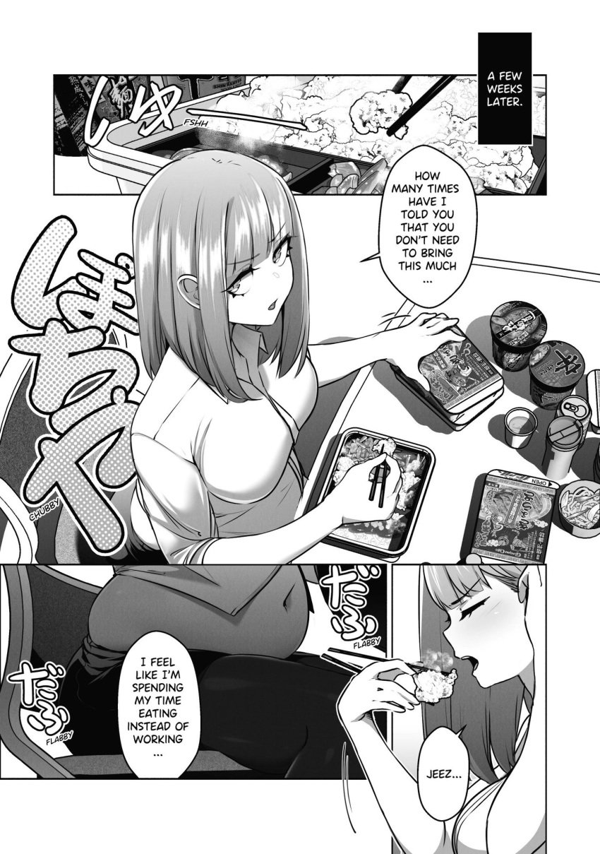 belly big_belly black_and_white chubby chubby_female comic female food hi_res overweight overweight_female sequence spellsx weight_gain