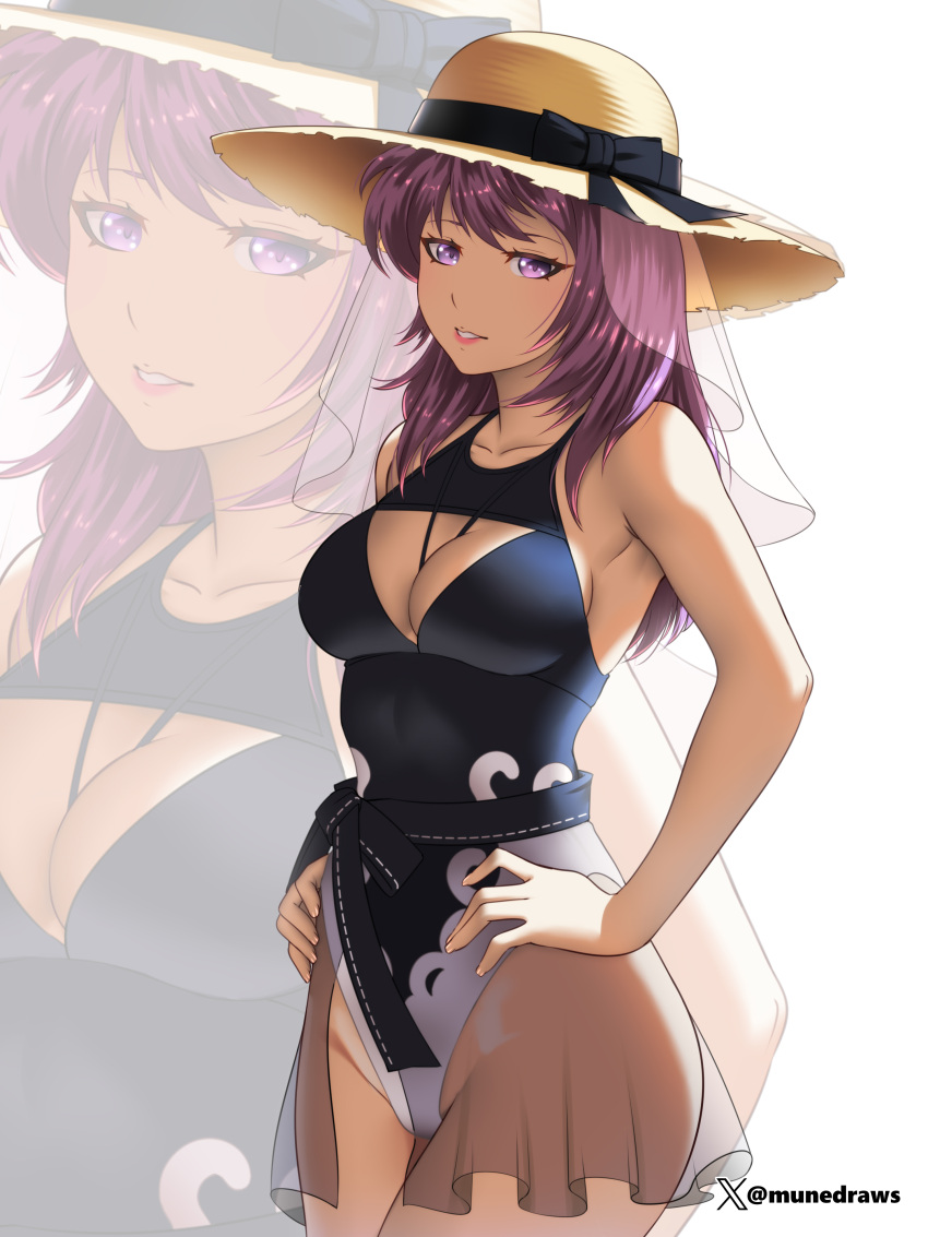 1girls alternate_costume bare_thighs black_one-piece_swimsuit black_swimsuit breasts cleavage commission commissioner_upload eremiya_(fire_emblem) etchimune female female_only fire_emblem fire_emblem:_new_mystery_of_the_emblem large_breasts long_hair looking_at_viewer nintendo one-piece_swimsuit purple_eyes purple_hair see-through smile solo swimsuit thighs zoom_layer