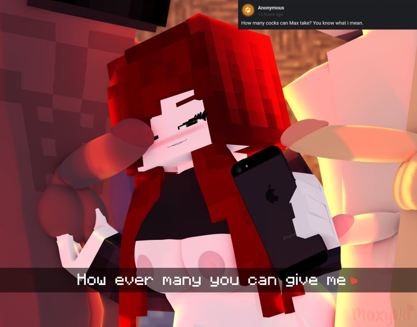 1girls 2023 3boys 3d big_breasts black_t-shirt embrace erect_nipples erect_penis green_eyes half-dressed horny_female human humanoid looking_at_penis looking_at_viewer max_welsh_(maxyda) maxyda mine-imator minecraft nude_male phone red_hair selfie smile tagme touching_balls