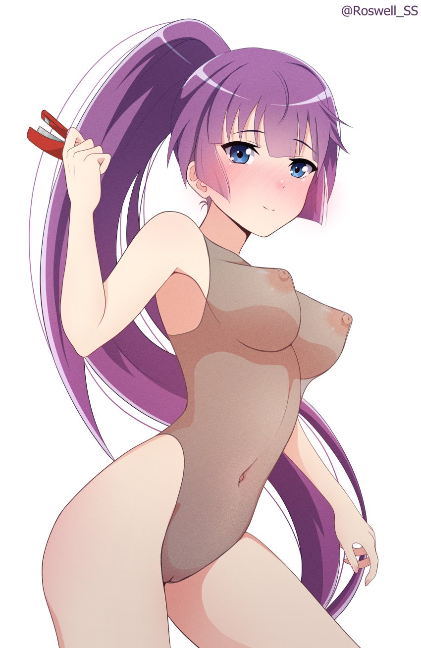 absurdres alternate_costume bare_shoulders blue_eyes blunt_ends breasts brown_leotard closed_mouth cowboy_shot eyelashes female hand_up highleg highleg_leotard highres holding large_breasts leotard long_hair monogatari_(series) navel paid_reward_available ponytail puffy_nipples purple_hair pussy roswell-ss see-through see-through_leotard senjougahara_hitagi simple_background smile solo stapler thighs twitter_username uncensored very_long_hair white_background