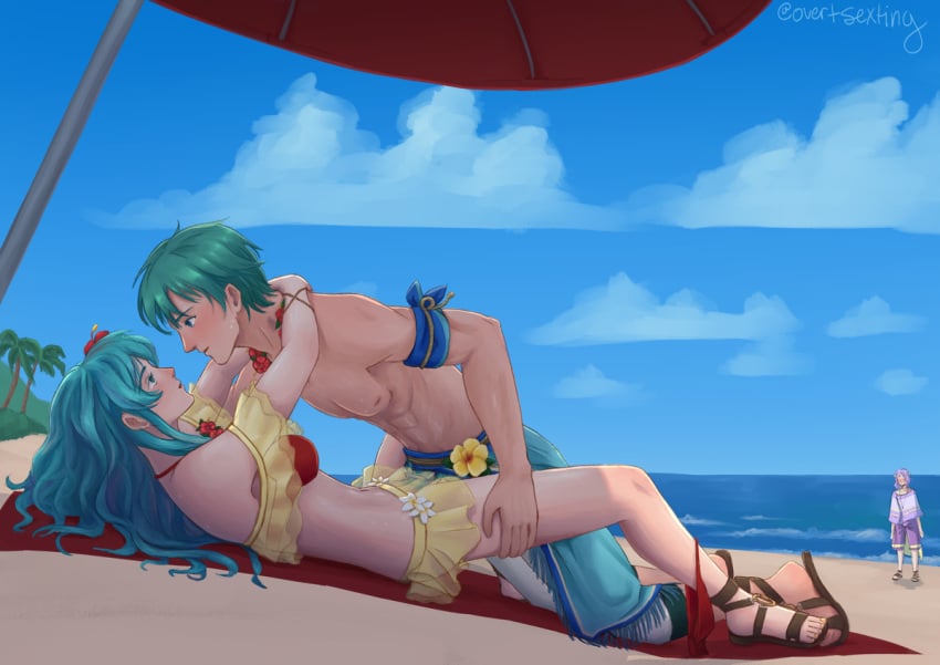 1boy 1girls arm_wrap arms_around_neck arms_around_partner beach beach_sex beach_towel beach_umbrella belly_button bikini bikini_aside bikini_bottom bikini_bottom_around_leg bikini_bottom_down bikini_top blue_eyes blue_hair brother_and_sister eirika_(fire_emblem) eirika_(summer)_(fire_emblem) ephraim_(fire_emblem) eye_contact female fire_emblem fire_emblem:_the_sacred_stones flower_necklace flower_on_head frilled_bikini frills herbofthyme hugging incest lyon_(fire_emblem) male male_and_female_focus male_swimwear medium_breasts midriff missionary missionary_position navel netorare nintendo ocean panties_around_leg panties_around_one_leg panties_down red_bikini red_swimsuit romantic romantic_ambiance romantic_sex sandals sea seaside siblings slim_girl straight swimming_trunks swimsuit toned_male tropical twincest twins