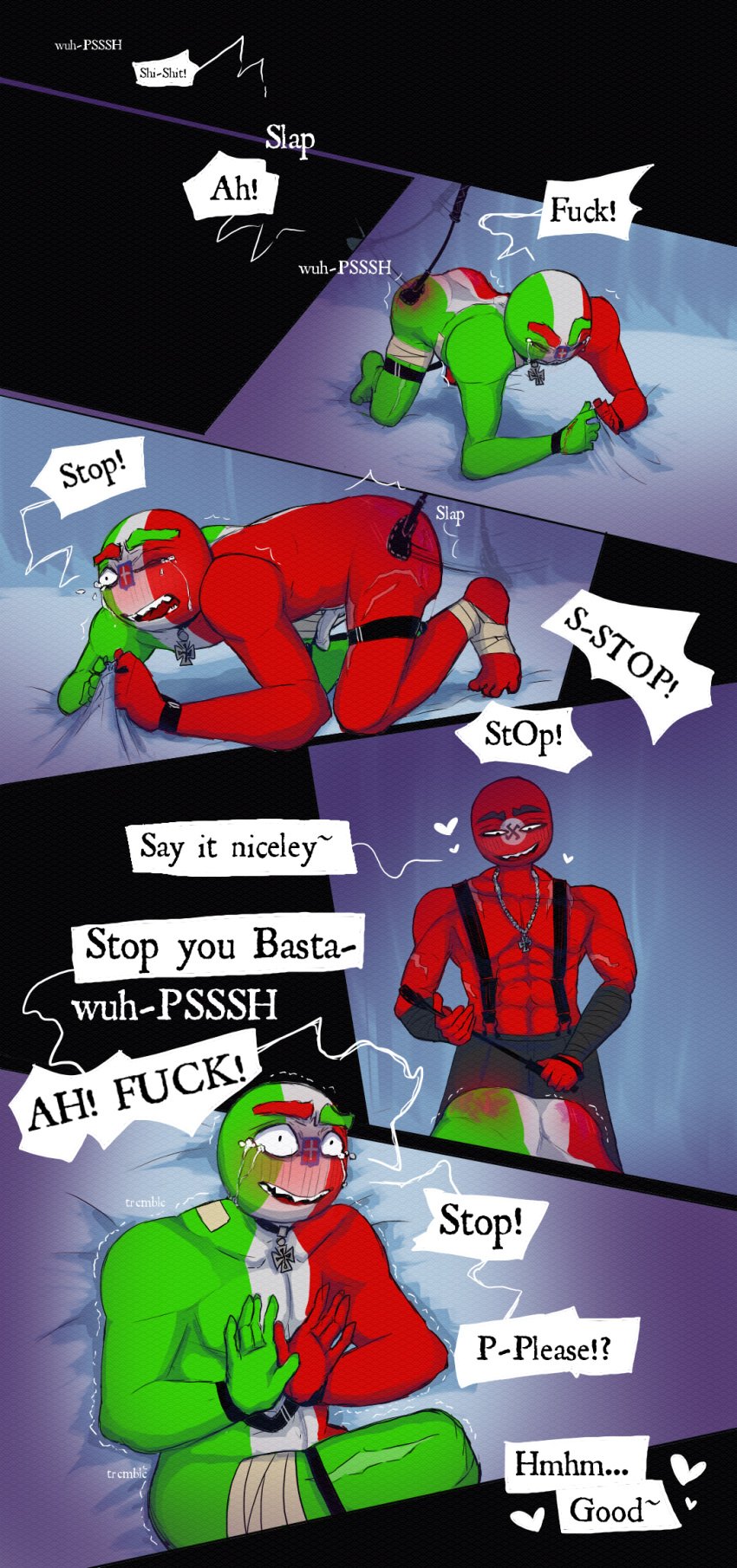 bondage bruised_ass countryhumans fascist_italy_(countryhumans) handcuffs male nazi_germany_(countryhumans) restrains riding_crop tagme tears third_reich_(countryhumans)