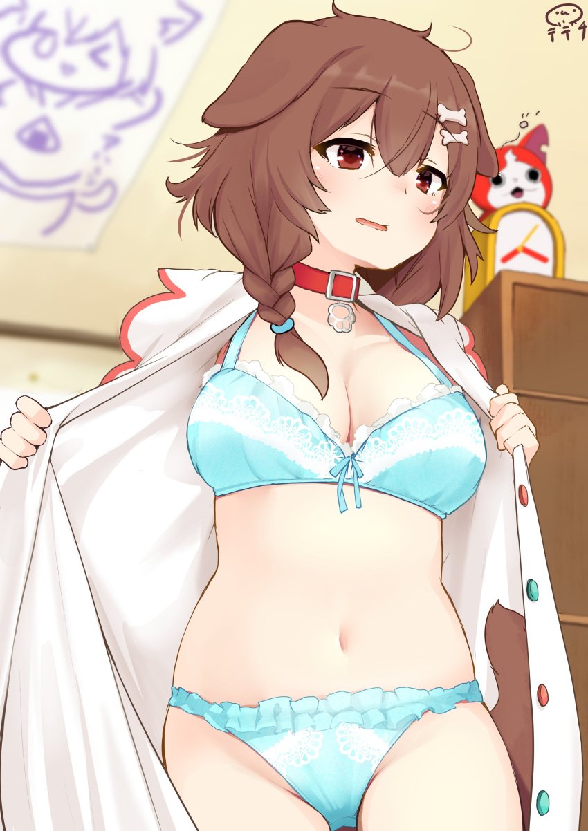 absurdres animal_collar artist_logo blue_bra blue_panties blurry blurry_background blush bone_hair_ornament bra braid breasts brown_hair cameo cleavage collar cowboy_shot dress female hair_between_eyes hair_ornament highres hololive hololive_gamers hololive_japan indoors inugami_korone jibanyan lace lace-trimmed_bra lace_trim medium_breasts medium_hair midriff navel nejime nekomata_okayu open_clothes open_dress open_mouth panties red_collar red_eyes side_braid signature sleepy solo underwear undressing virtual_youtuber white_dress youkai_watch