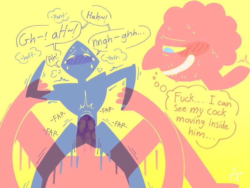 adventure_time adventure_time:_fionna_&_cake anal_sex blush deep_penetration dialogue_bubble fionna_and_cake gay male_only pleasure_face precum prismo prismo_(adventure_time) rough_sex scarab_(fionna_and_cake) smile sweat x-ray yaoi yellow_background