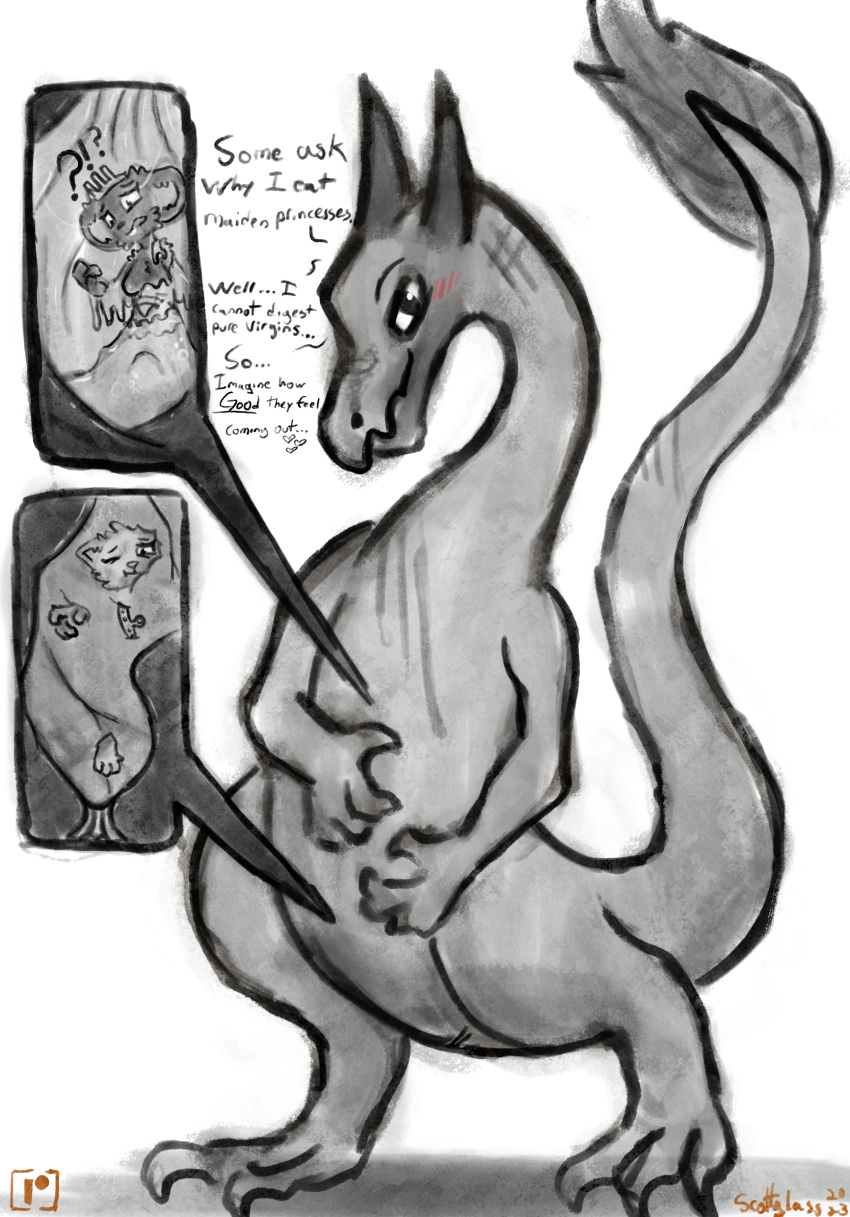 ambiguous_gender anal anthro black_and_white breasts clothing crown dialogue dragon dress feces felid feline female full_tour group headgear hi_res mammal melting_clothes monochrome mouse murid murine organs princess raised_tail rodent royalty scat scottglass stomach tail trio vore