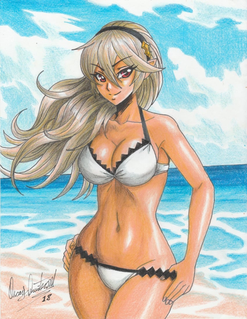 1girls 2018 alternate_costume beach bikini breasts cleavage cloud cloudy_sky corrin_(fire_emblem) corrin_(fire_emblem)_(female) corrin_(summer)_(fire_emblem)_(female) fire_emblem fire_emblem_fates grey_hair hairband hands_on_own_hips high_res long_hair medium_breasts nintendo ocean pointy_ears ravern_clouk red_eyes sand sky solo swimsuit traditional_media wavy_hair white_bikini white_swimsuit