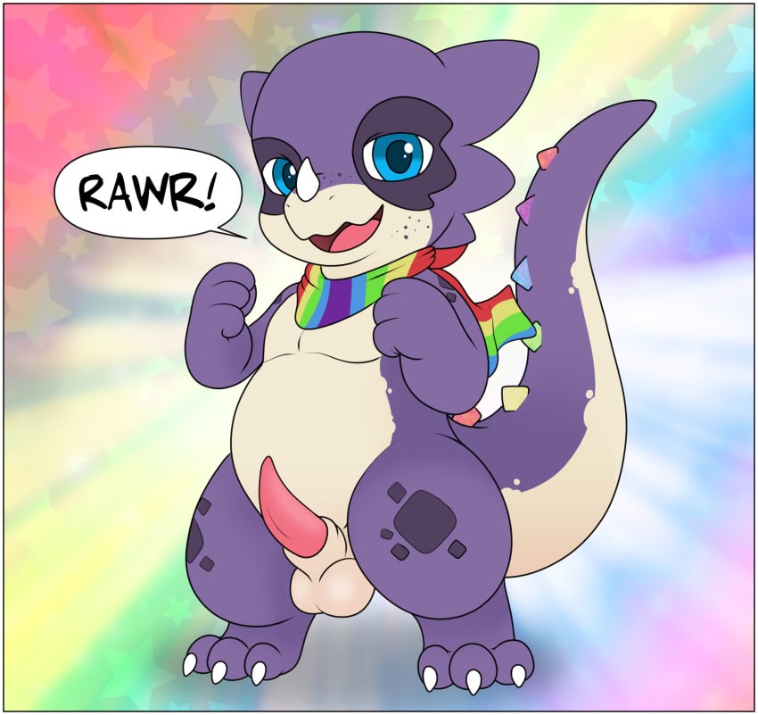 animal_genitalia anthro balls bandana big_tail blue_eyes countershading gay genitals hi_res kemono kerchief kobold lgbt_pride male penis pride_colors purple_body purple_scales rainbow_pride_colors scales sheath solo tail tapering_penis xenoyia xenoyia_(artist)