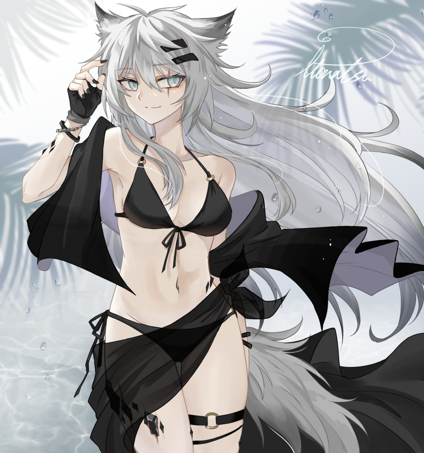 1girls alternate_costume arknights bikini black_nails blue_eyes clothed female lappland_(arknights) nail_polish navel o-ring o-ring_bikini o-ring_thigh_strap painted_nails pale-skinned_female pale_skin scar solo swimsuit tagme_(artist) thigh_strap water white_hair wolf_ears