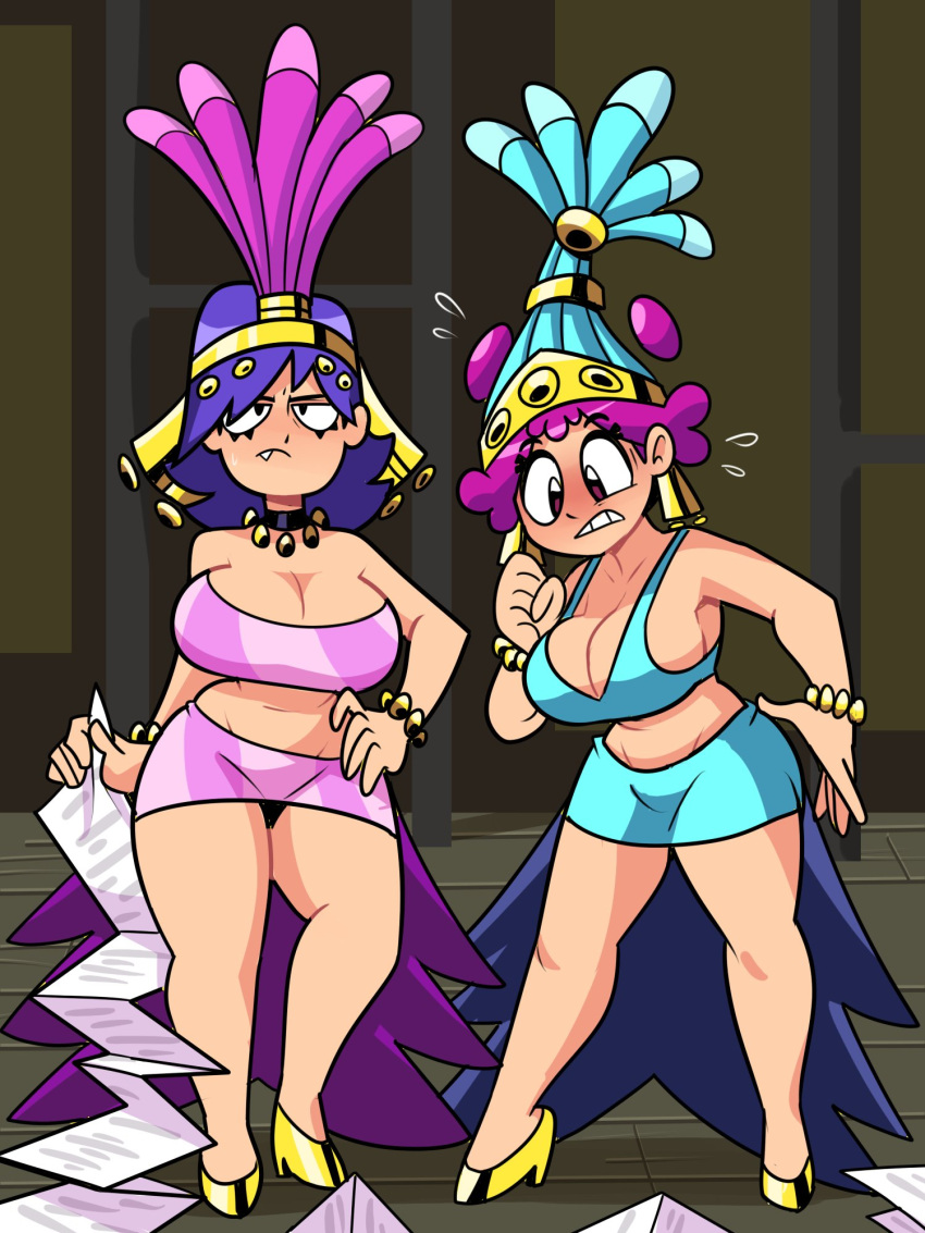 2girls ami big_breasts black_eyes blush bracelet choker cleavage crop_top fangs hand_on_hip hat headgear hi_hi_puffy_amiyumi high_heels holding_object necklace pink_eyes pink_hair purple_hair sideboob skirt superspoe tagme thick_thighs wide_hips yumi