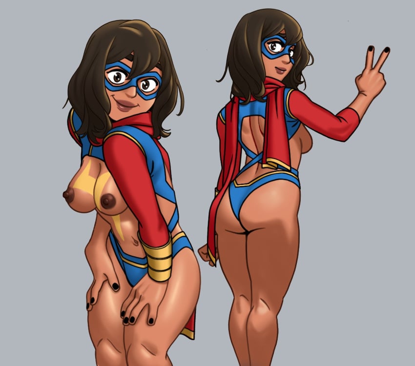 1girls ass bleepideeboop breasts brown_eyes brown_hair brown_skin brown_skinned_female dark-skinned_female exposed_breasts kamala_khan long_hair looking_at_viewer looking_back marvel marvel_comics modified_costume ms._marvel muslim_female pakistani_female peace_sign puffy_areola puffy_nipples scarf slutty_outfit smile superheroine