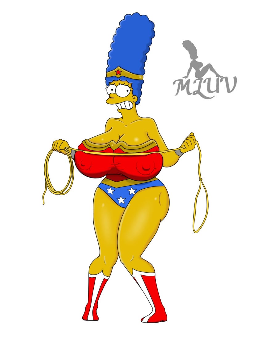 big_breasts clothed cosplay female female_only huge_breasts lasso_of_truth marge_simpson milf mluv nipples_visible_through_clothing no_bra the_simpsons unknown_artist white_background wonder_woman_(cosplay) yellow_body