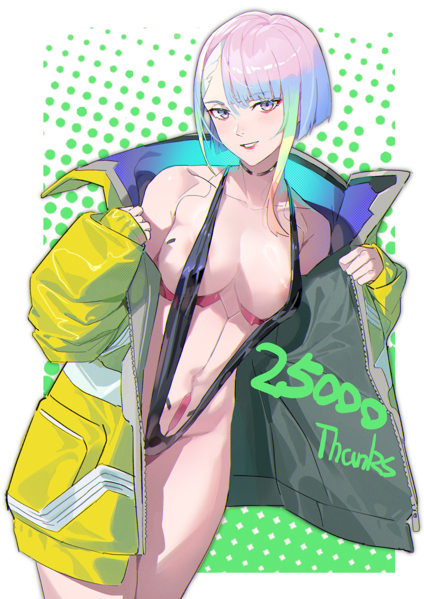 1girls big_breasts cd_projekt_red cybernetics cyberpunk:_edgerunners cyberpunk_2077 female female_only huge_breasts jacket light-skinned_female light_skin looking_at_viewer lucyna_kushinada micro_bikini milestone_celebration mumei_(artist) navel open_clothes string_bikini studio_trigger tagme thick_thighs voluptuous