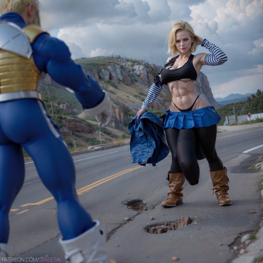 1boy 1futa abs ai_generated android android_18 armpits big_penis bikini blonde_hair boots cleavage crop_top dragon_ball dragon_ball_z earrings futa_focus futanari jacket leggings pale-skinned_futanari pale_skin short_hair showing_armpits skinny skirt slim_waist small_breasts spandex stable_diffusion super_saiyan sweetai toned toned_futa torn_clothes vegeta