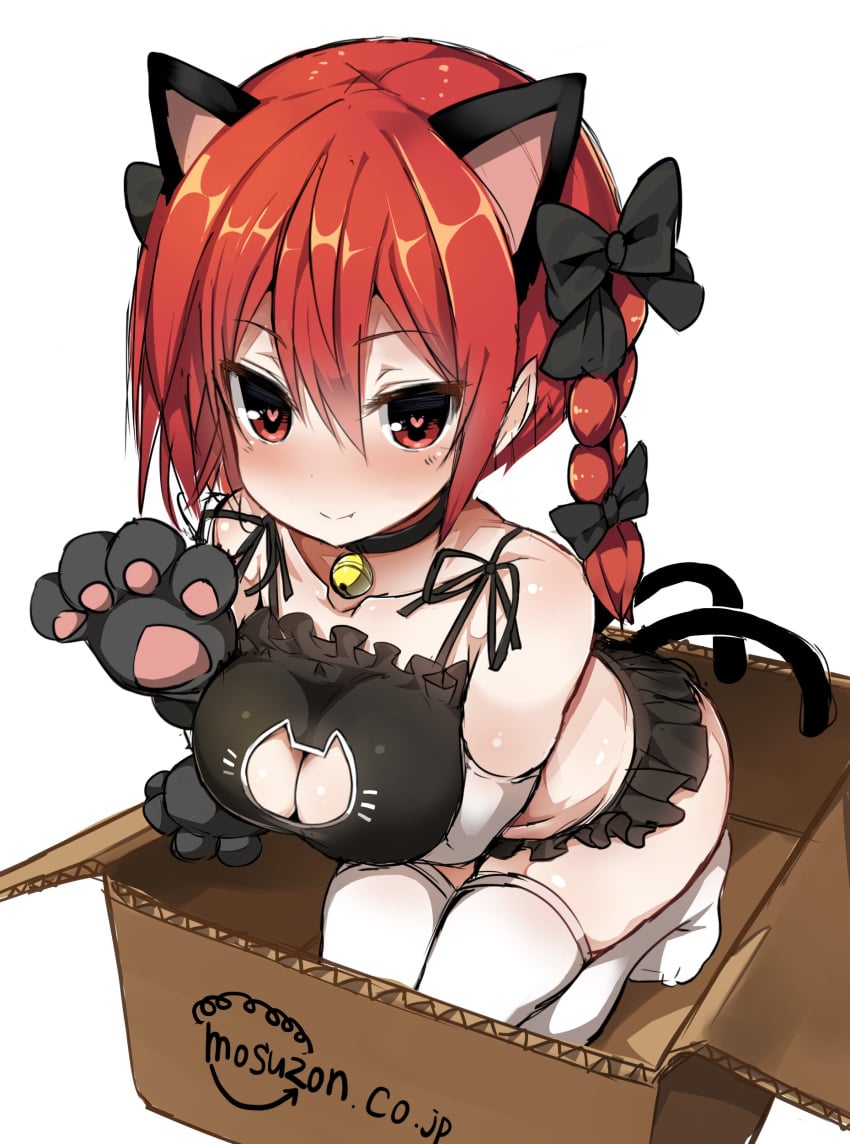 1girls 2_tails absurdres amazon_(company) animal_ears animal_hands bell black_bow black_choker bow box braid brand_name_imitation breasts cardboard_box cat_cutout cat_ears cat_lingerie cat_paws cat_tail choker cleavage_cutout closed_mouth clothing_cutout commentary_request fang_out female full_body greatmosu hairbow heart heart-shaped_pupils highres kaenbyou_rin large_breasts looking_at_viewer medium_hair meme_attire multi_ear multi_tail navel neck_bell nekomata oerba_yun_fang paws red_eyes red_hair rin_kaenbyou seiza side_braids simple_background sitting smile solo symbol-shaped_pupils tail thighhighs touhou twin_braids white_background white_thighhighs