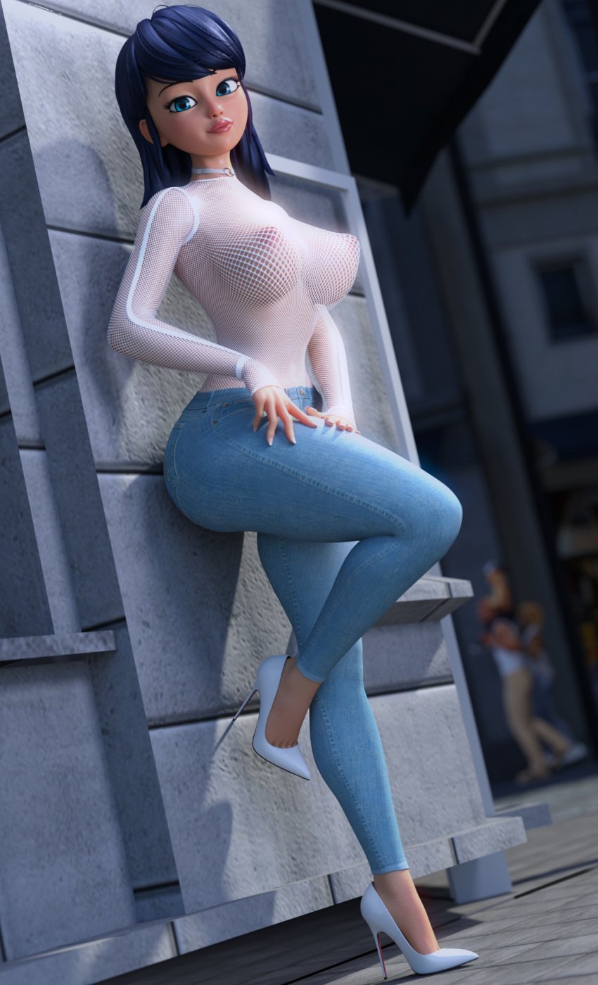 1girls 3d 3d_(artwork) aged_up big_breasts blue_eyes blue_hair breasts choker cute cute_face exhibitionism female female_only fishnet_shirt french_nails hair_down high_heels huge_breasts jeans large_breasts louboutin_(shoes) marinette_dupain-cheng miraculous:_tales_of_ladybug_and_cat_noir miraculous_ladybug nipples no_bra outdoors pants posing rui3delsa ruidx solo stiletto_heels thick_thighs very_high_heels