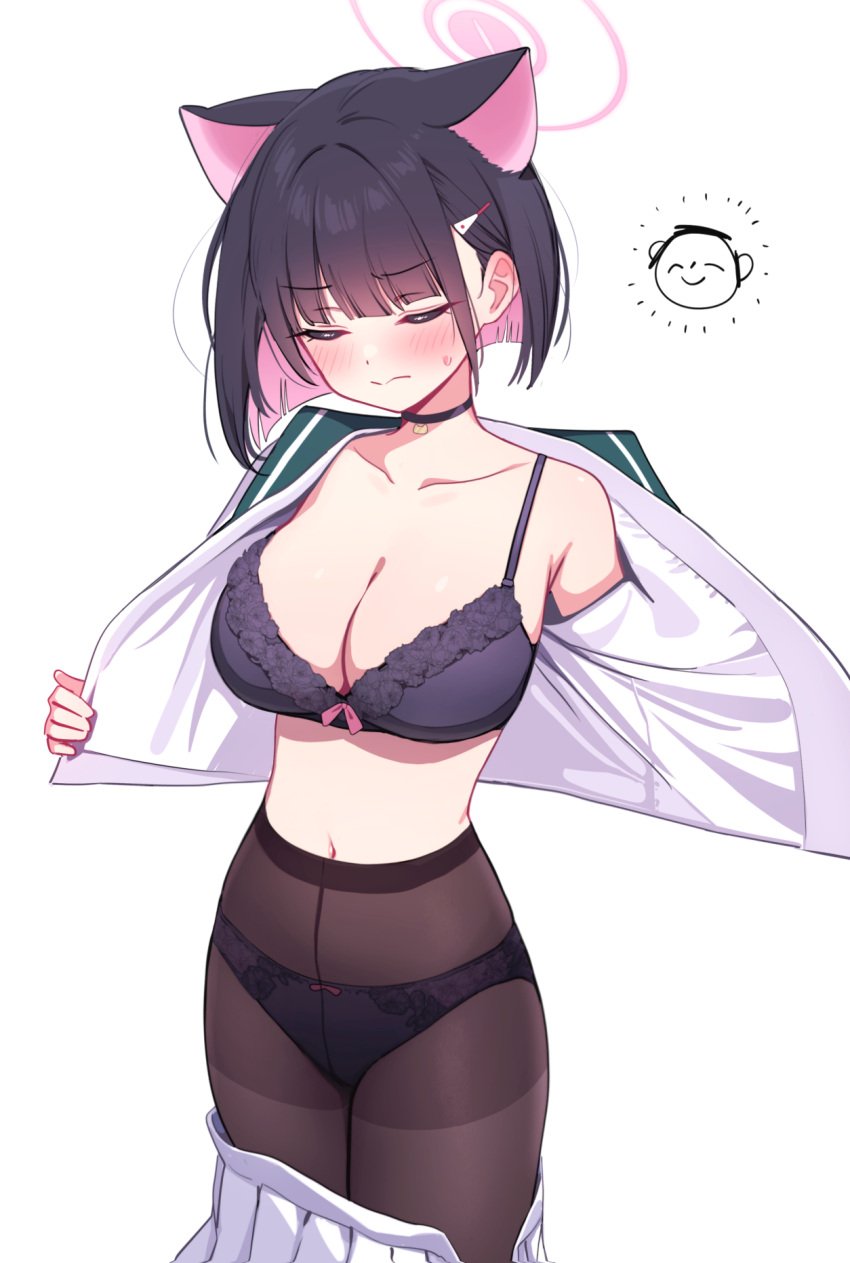 after-school_sweets_club_(blue_archive) belly belly_button black_legwear black_panties black_underwear blue_archive bra closed_eyes deadnoodles_(@deadnooodles) deadnooodles doodle_sensei_(blue_archive) embarrassed eyes_closed female huge_breasts kazusa_(blue_archive) large_breasts lingerie medium_breasts open_clothes panties pantyhose skirt_around_legs skirt_down taking_clothes_off thick_thighs thighhighs thighs trinity_general_school_student underwear undressing undressing_self wavy_mouth