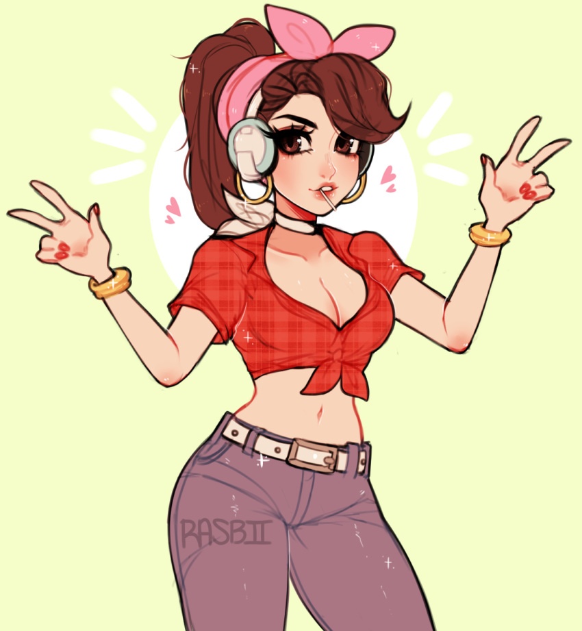 artist_name artist_signature bandana belt bracelet bracelets brown_eyes brown_hair choker cleavage cruiser_d.va d.va double_v earrings headphones heart hoop_earrings jeans lipstick lollipop midriff overwatch painted_nails ponytail rasbii red_fingernails tagme tied_shirt