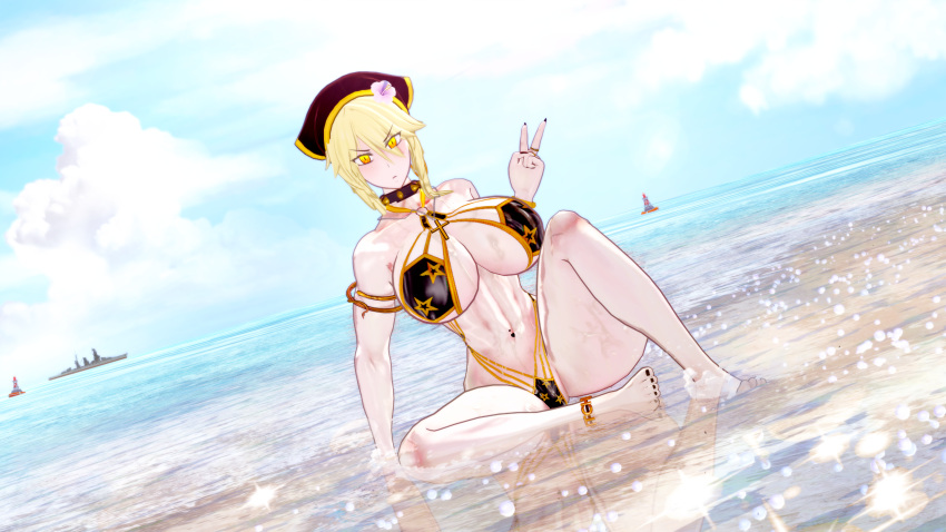 1girls abs artoria_pendragon_(lancer_alter) beach big_breasts big_thighs blonde_hair breasts busty cleavage fate/grand_order fate_(series) female huge_breasts huge_thighs knshin koikatsu large_breasts large_thighs looking_at_viewer muscular navel orange_eyes swimsuit thick_thighs thighs v_sign voluptuous