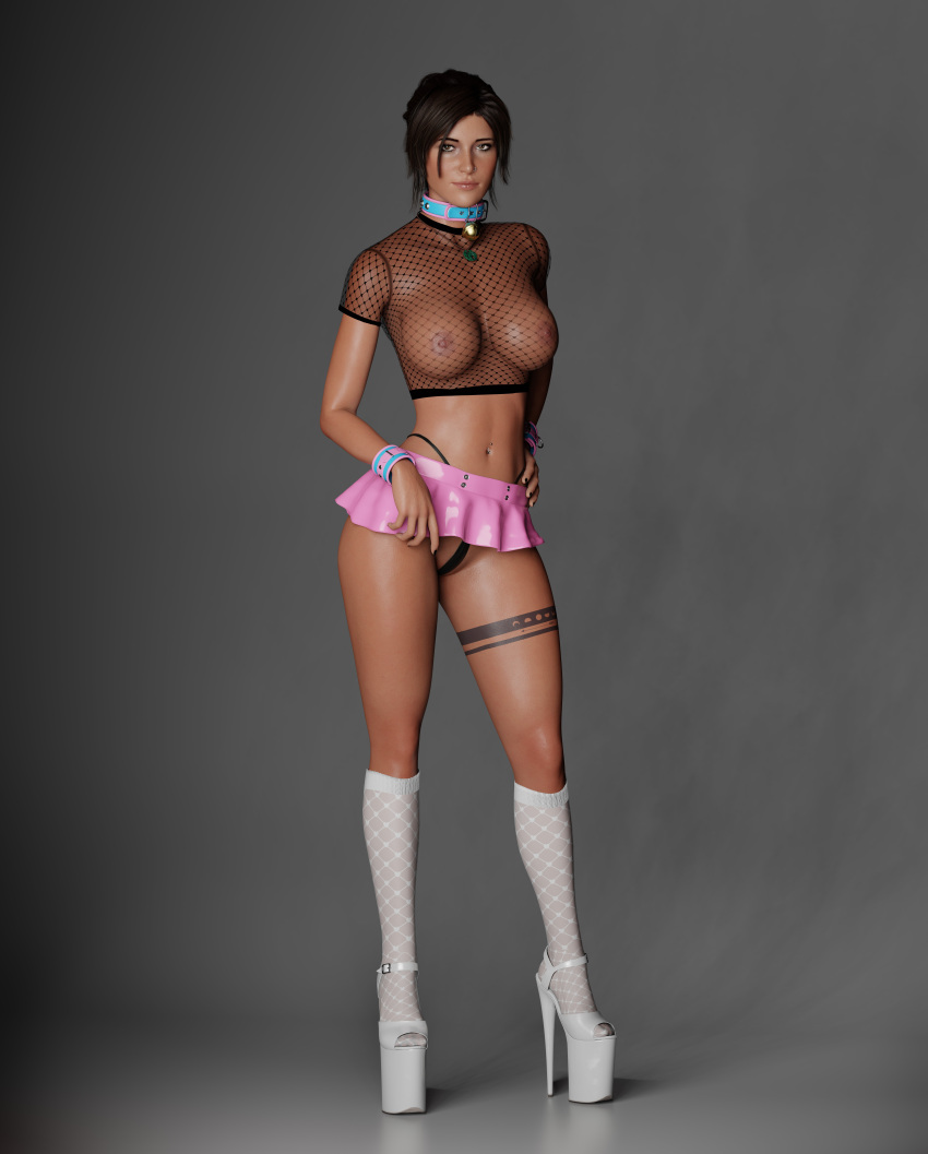 3d belly_piercing benjibonjo big_breasts brown_eyes brown_hair collar female female_only heels high_heels lara_croft lara_croft_(survivor) looking_at_viewer necklace nose_piercing pale-skinned_female photoshoot piercing piercings platform_heels restraints revealing_clothes see-through see-through_clothing short_skirt skimpy_clothes skirt slutty_outfit tagme tattoo thong thong_straps tomb_raider tomb_raider_(survivor)