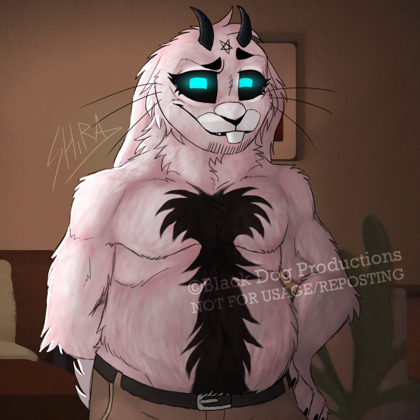 alternate_universe anthro bedroom black_fur black_horns blackdogproductions_(artist) buckteeth chest_fur chubby chubby_male claws dad_bod demon demon_form eyebrows eyelashes hand_on_hip incubus lagomorph looking_at_viewer lucicole_(au) pants pentagram pink_fur rabbit raised_eyebrows rectangular_pupils richard_watterson signature smile stubble the_amazing_world_of_gumball topless_male watermark whiskers